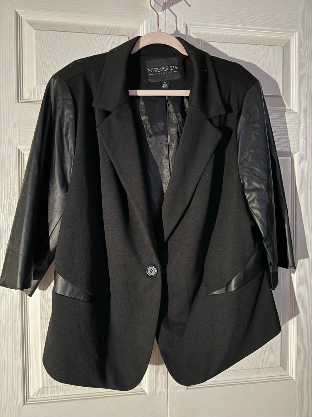 Forever 21 Black Mixed-Media Faux Leather Sleeve Blazer